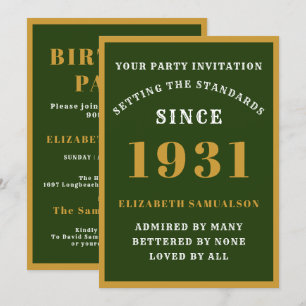 Personalized 90th Birthday 1931 Elegant Green Gold Invitation