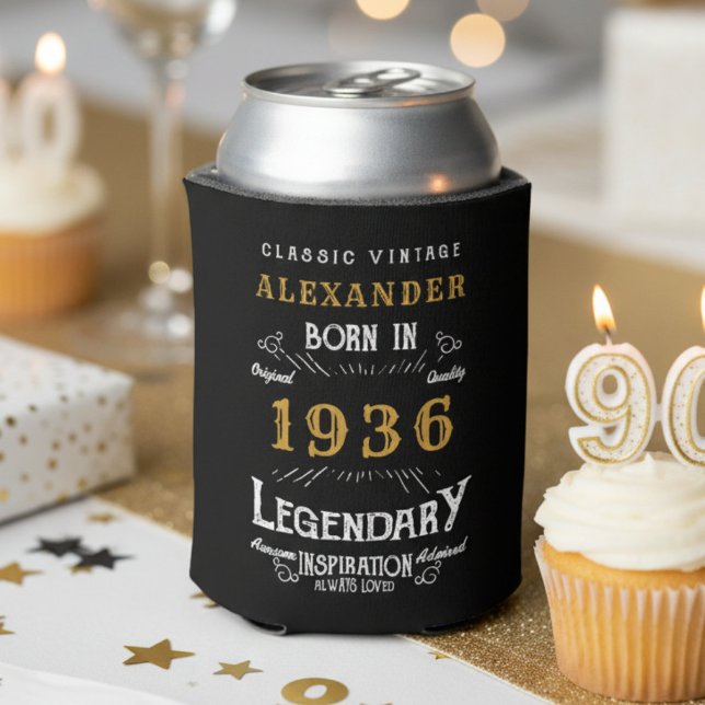 Personalized 90th Birthday 1936 Vintage Legendary Can Cooler (90th birthday can cooler on a party table.)