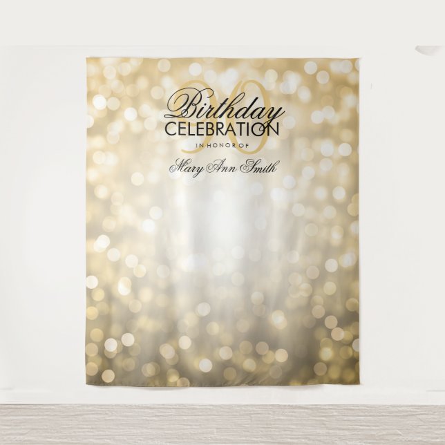 Personalized 90th Birthday Backdrop Gold Lights Tapestry (Front)