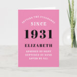 Personalized 90th Birthday Born 1931 Pink Black Card<br><div class="desc">For those born in 1931 and celebrating their 90th birthday we have the ideal birthday greeting card. The pink background with a white and black design is simple and yet elegant. Easily customize the text to the front and the interior of this birthday card using the template provided. Part of...</div>