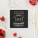Personalized 90th Birthday Born 1931 Vintage Black Napkin<br><div class="desc">A personalized classic paper napkin design for that birthday celebration for somebody born in 1931 and turning 90. Add the name to this vintage retro style black, white and gold design for a custom 90th birthday gift. Easily edit the name and year with the template provided. A wonderful custom black...</div>