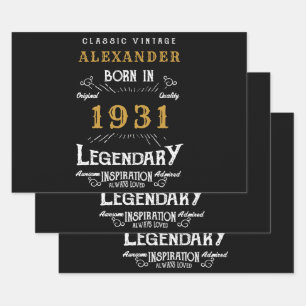 Personalized 90th Birthday Born 1931 Vintage Black Wrapping Paper Sheet