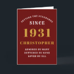 Personalized 90th Birthday Born 1931Red Gold Card<br><div class="desc">For those born in 1931 and celebrating their 90th birthday we have the ideal birthday greeting card. The red background with a white and gold design is simple and yet elegant. Easily customize the text to the front and the interior of this birthday card using the template provided. Part of...</div>