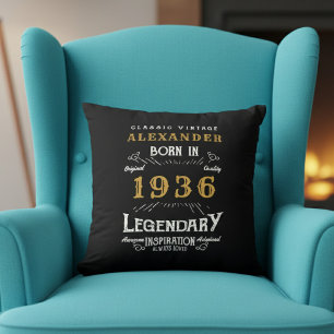 Personalized 90th Birthday Born 1936 Legend Black Throw Pillow