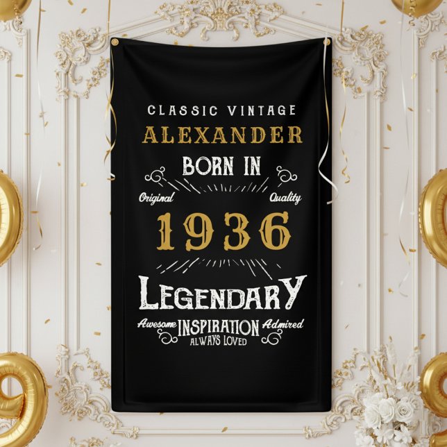 Personalized 90th Birthday Born 1936 Retro Party Banner (1936 birthday wall banner on a white wall)
