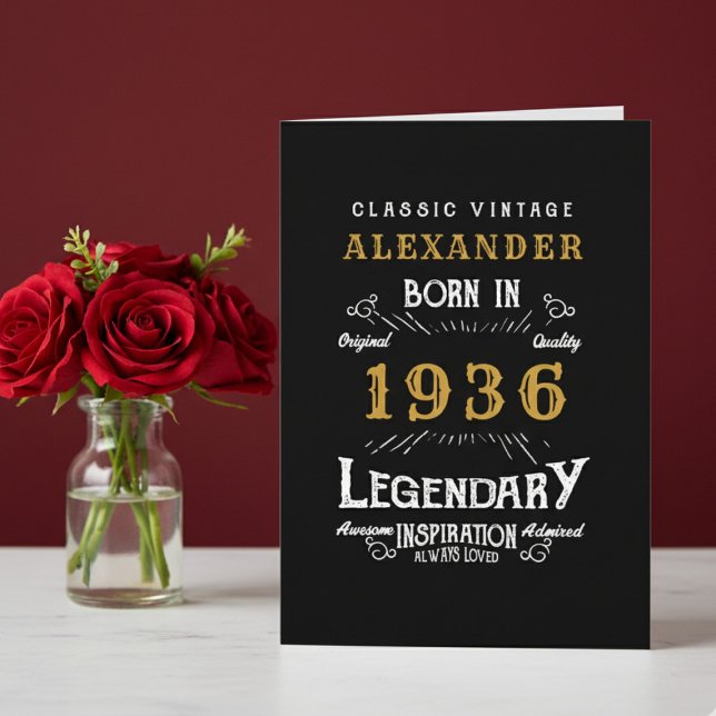 Personalized 90th Birthday Born 1936 Vintage Black Card (Born 1936 birthday greeting card. Red and white background. )