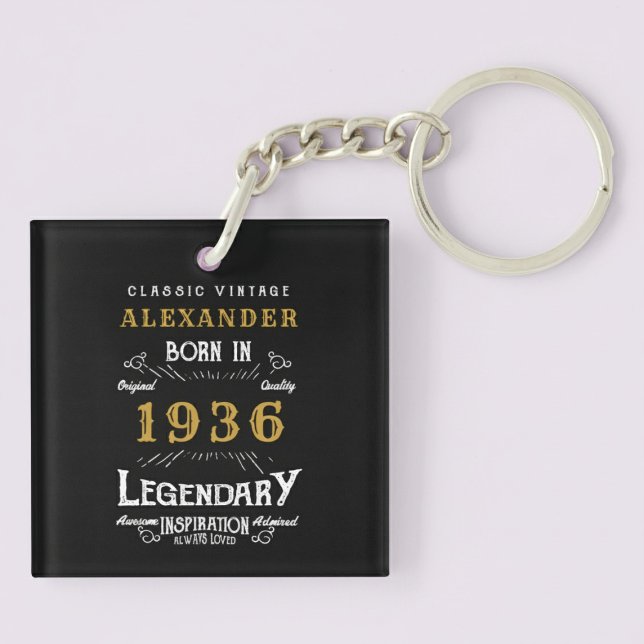Personalized 90th Birthday Legend 1936 Vintage (Born 1936 birthday keychain. Pastel background)