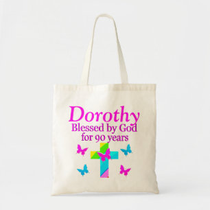 PERSONALIZED 90TH RAINBOW CROSS AND BUTTERFLY TOTE BAG