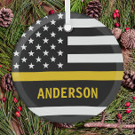 Personalized 911 Dispatcher Thin Gold Line USAFlag Glass Ornament<br><div class="desc">Thin Gold Line Ornament for 911 dispatchers and police dispatchers. Personalize this dispatcher ornament with name and year. This personalized dispatcher gift is perfect for police dispatcher appreciation, 911 dispatcher thank you gifts, and dispatcher retirement gifts or party favours. Order these dispatchers christmas ornaments bulk wholesale for the police department...</div>