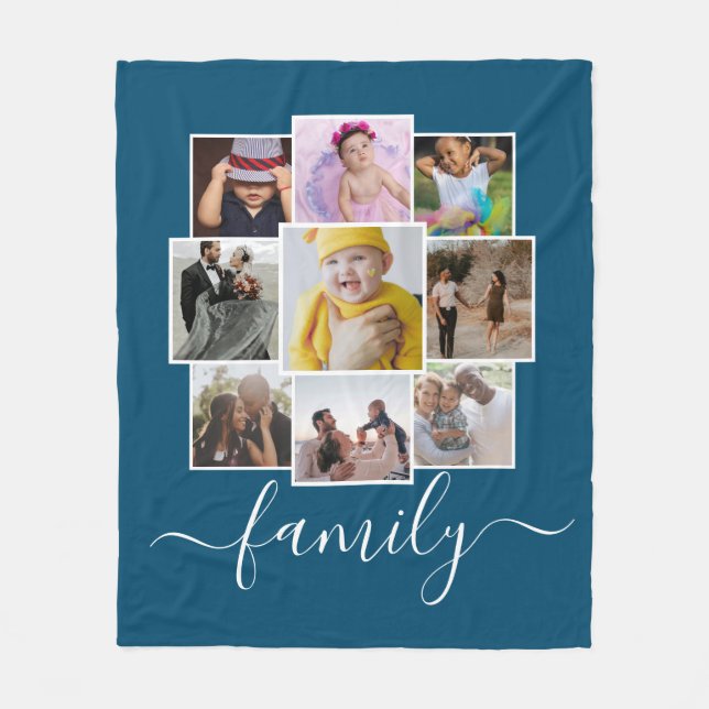 Personalized 9 Photo and Text Photo Collage Family Fleece Blanket (Front)