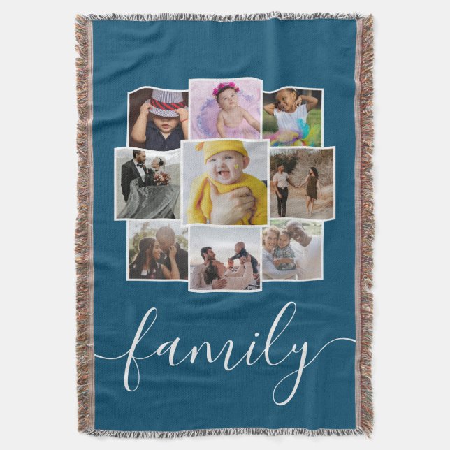 Personalized 9 Photo and Text Photo Collage Family Throw Blanket (Front Vertical)