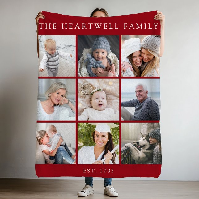 Personalized 9 Photo Collage Family Cranberry Red Fleece Blanket (Creator Uploaded)
