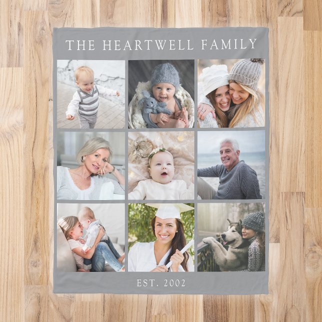 Personalized 9 Photo Collage Family Grey Fleece Blanket (Creator Uploaded)