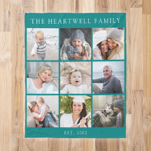 Personalized 9 Photo Collage Family Teal Blue Fleece Blanket