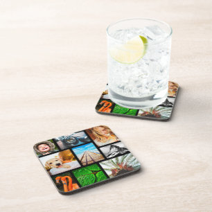 Personalized 9 Photo Collage Template Black Coaster