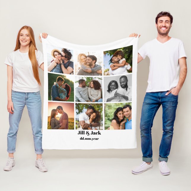 Personalized 9 Photo Collage Template for Couples Fleece Blanket (In Situ)