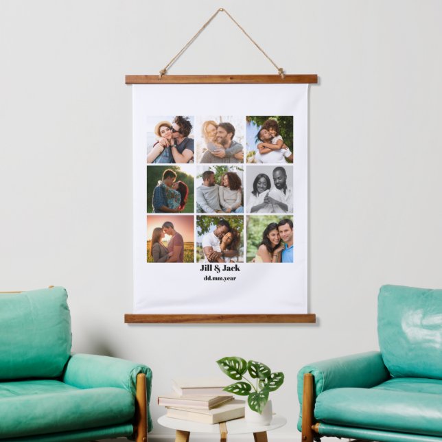Personalized 9 Photo Collage Template for Couples Hanging Tapestry (Living Room)
