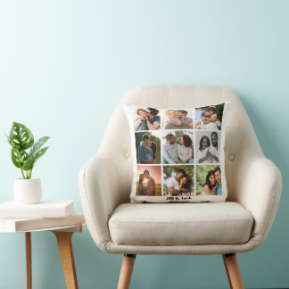 Personalized 9 Photo Collage Template for Couples Throw Pillow