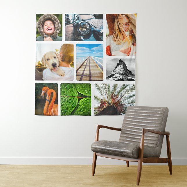 Personalized 9 Photo Collage Template Framed White Tapestry (Creator Uploaded)