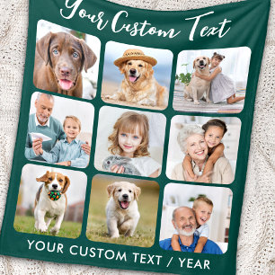 Personalized 9 Photo Collage Trendy Emerald Green Fleece Blanket