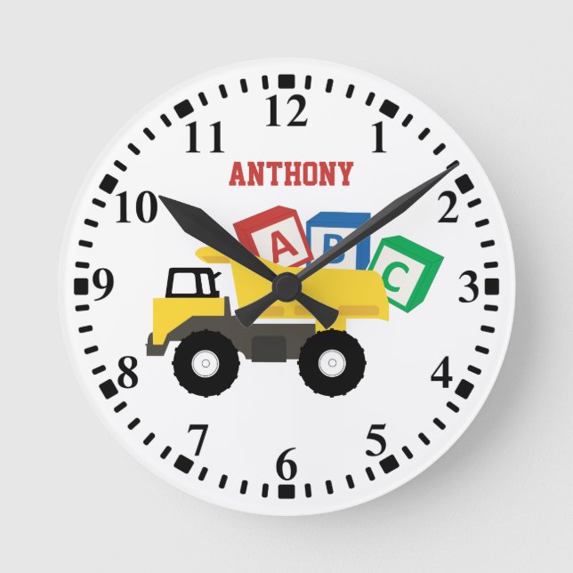 Personalized ABC Dump Truck Construction Trucks Round Clock (Front)