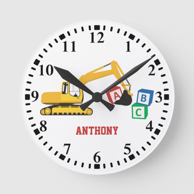 Personalized ABC Excavator Construction Truck Round Clock (Front)