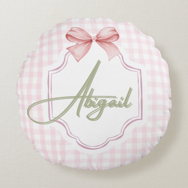 Personalized Abigail Baby Girl Nursery Bow&Gingham Round Pillow (Front)