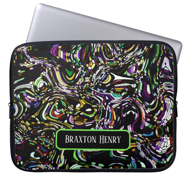 Personalized Abstract Art Black Swirl Green Laptop Sleeve (Front)