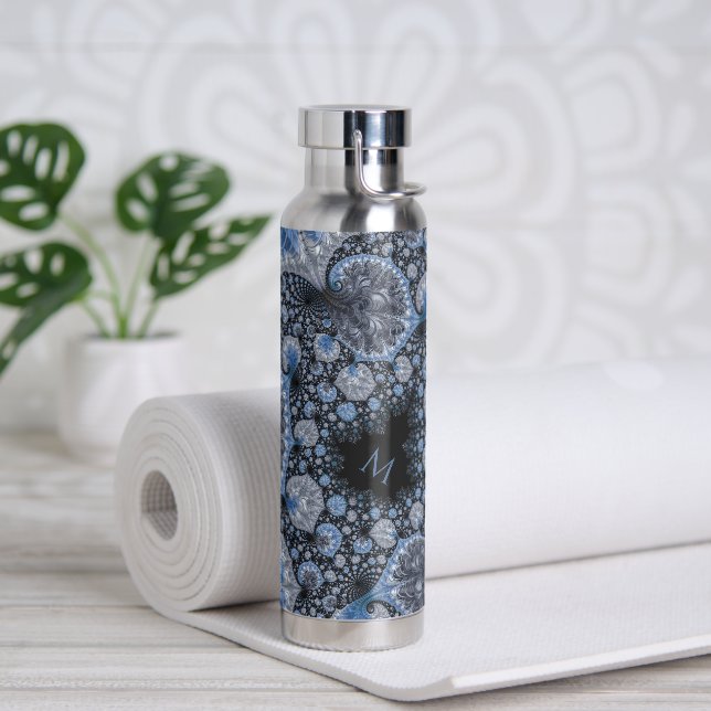 Personalized Abstract Black Blue Fractal Water Bottle (Yoga)