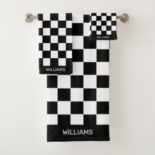 Personalized Abstract Black & White Chequered Bath Towel Set
