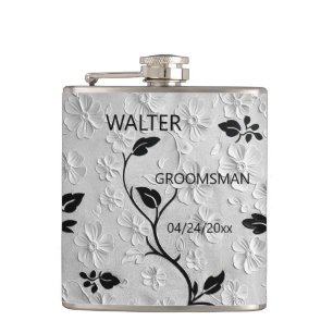 Personalized Abstract Black & White Florals Hip Flask