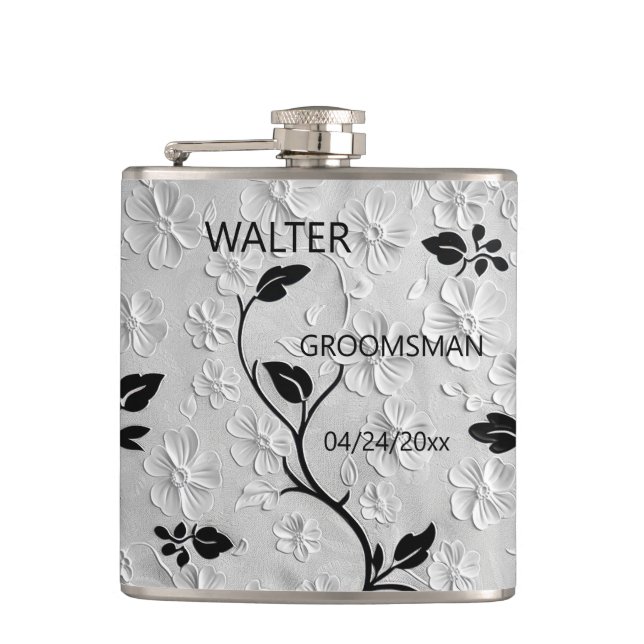 Personalized Abstract Black & White Florals Hip Flask (Front)