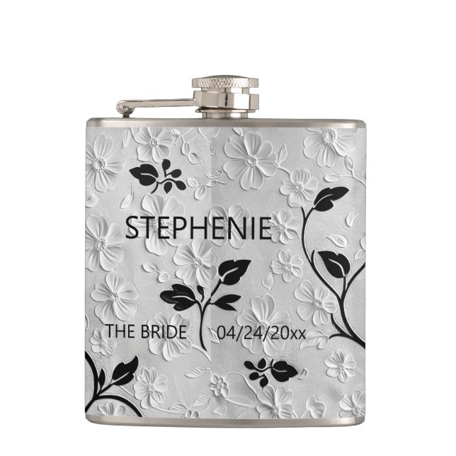 Personalized Abstract Black & White Florals Hip Flask (Front)