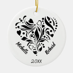 Personalized Abstract Black & White Heart Design Ceramic Ornament