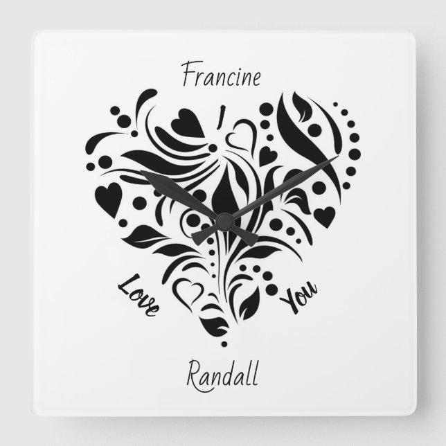 Personalized Abstract Black & White Heart Design  Square Wall Clock (Front)