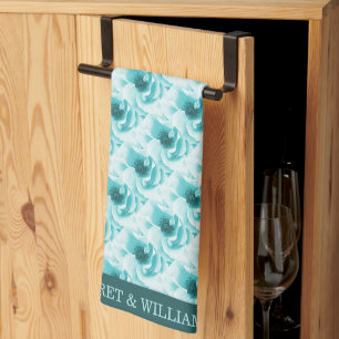 Personalized Abstract Blue & White Florals Kitchen Towel