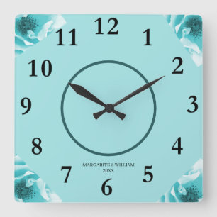 Personalized Abstract Blue & White Florals Square Wall Clock