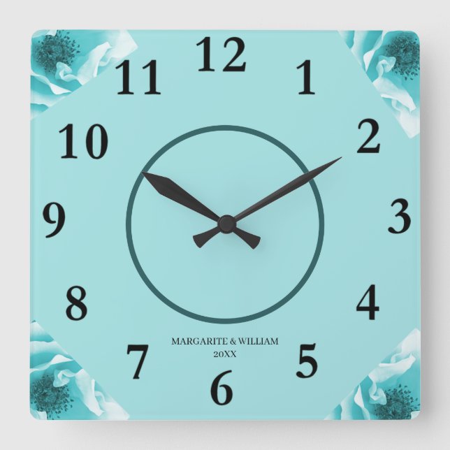 Personalized Abstract Blue & White Florals Square Wall Clock (Front)