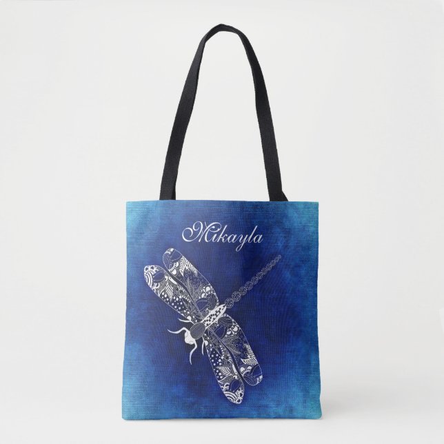Personalized Abstract Dragonfly on Blue Tote Bag (Front)