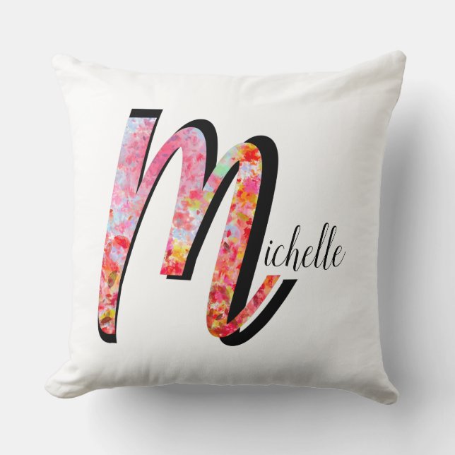 Personalized abstract fall leaves monogram M Throw Pillow (Front)