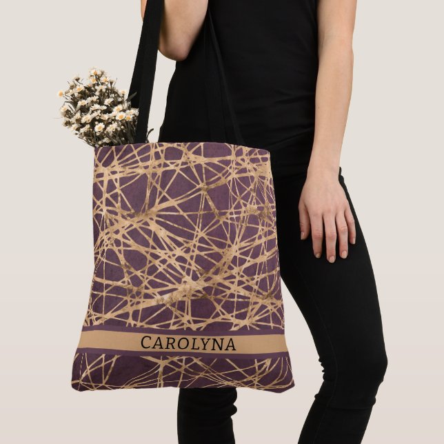 Personalized Abstract Faux Gold Threads on Maroon Tote Bag (Close Up)