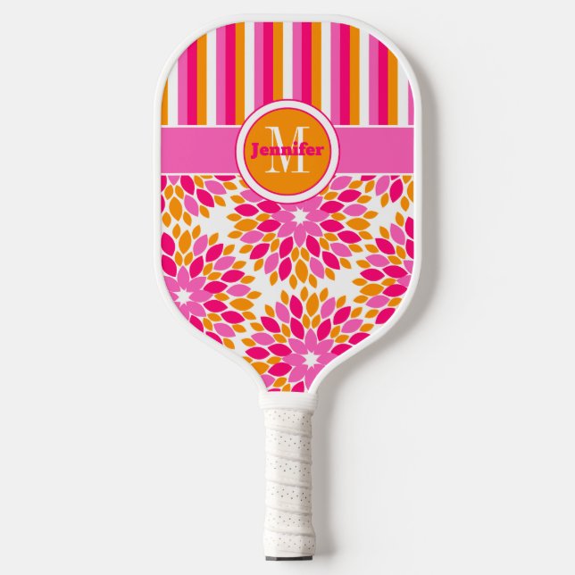 Personalized Abstract Floral, Stripes, Monogrammed Pickleball Paddle (Front)