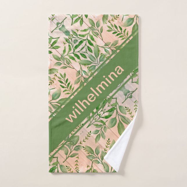 Personalized Abstract July Leaves on Wood Hand Towel (Hand Towel)