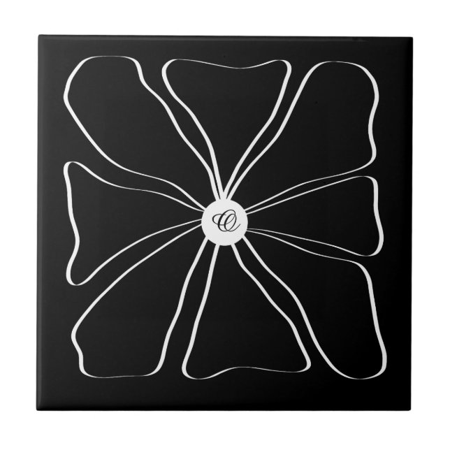 Personalized Abstract Modern Flower White Black Tile (Front)