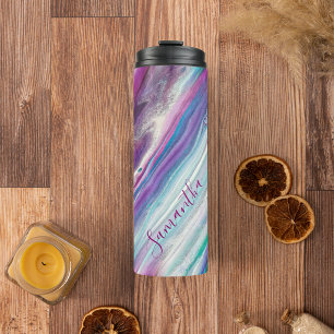 Personalized Abstract Purple Teal Glittery Thermal Tumbler
