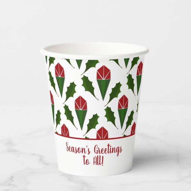 Personalized Abstract Red Roses Holly Holiday Paper Cups (Front)