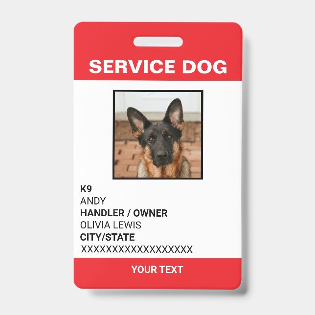 Personalized Ada Card Service Dog Photo ID  Badge (Front)