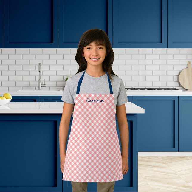 Personalized Add Name Blush Coral Gingham Kids Apron (Creator Uploaded)