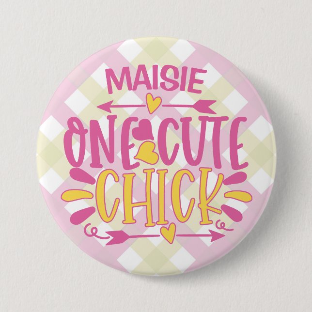 Personalized ADD NAME One Cute Chick Pink Yellow 3 Inch Round Button (Front)