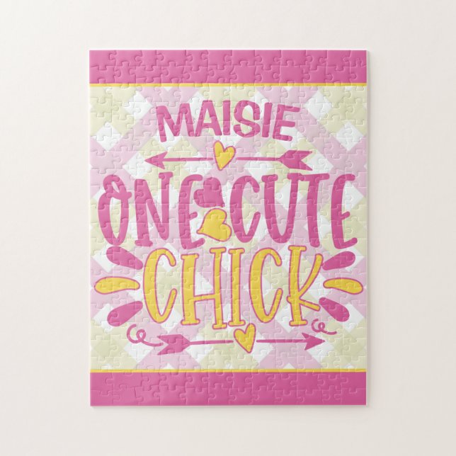 Personalized ADD NAME One Cute Chick Pink Yellow Jigsaw Puzzle (Vertical)
